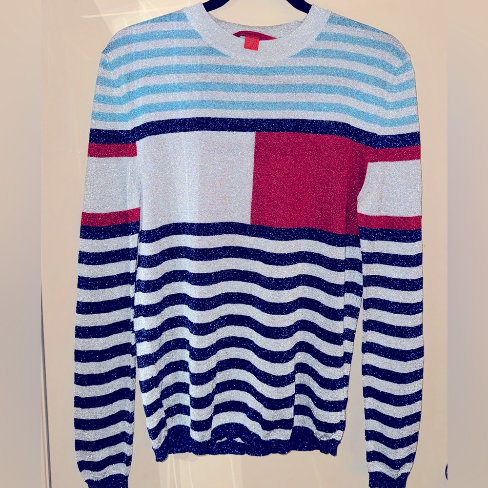 Tommy - Hilfiger Collection Metallic Sheer Iconic Multicolor Stripe Sweater Top